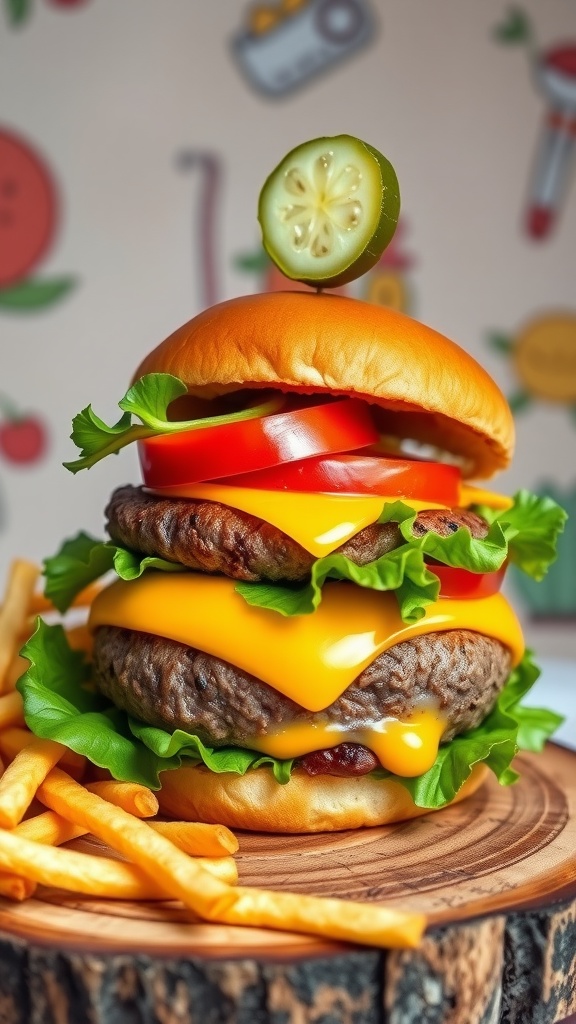 A creative burger with cheese, lettuce skirt, tomato accessories, and a pickle hat, served with fries.